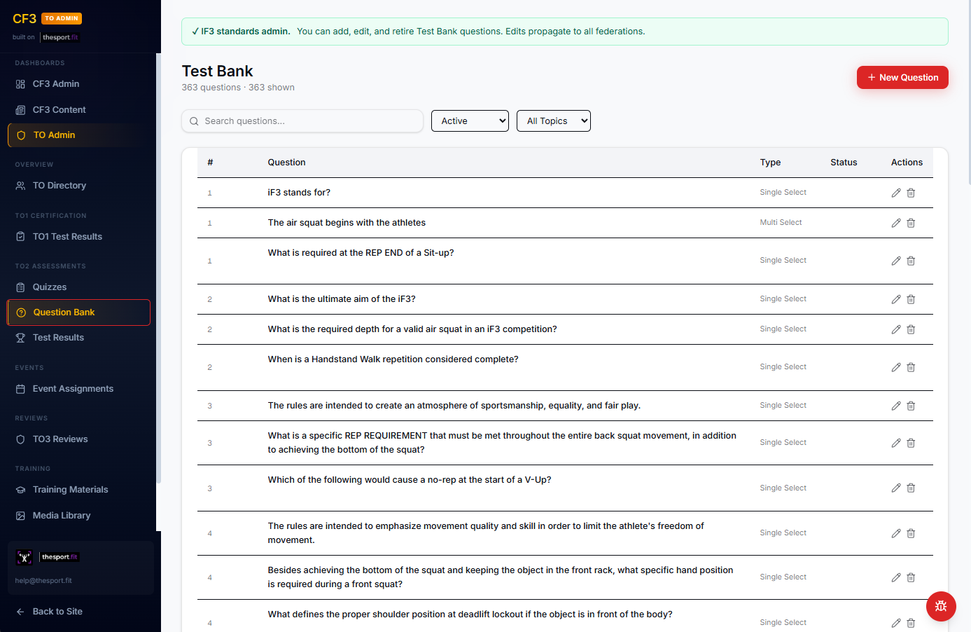 Test Bank admin — 363 questions in the IF3 bank, searchable and filterable by topic and status.
