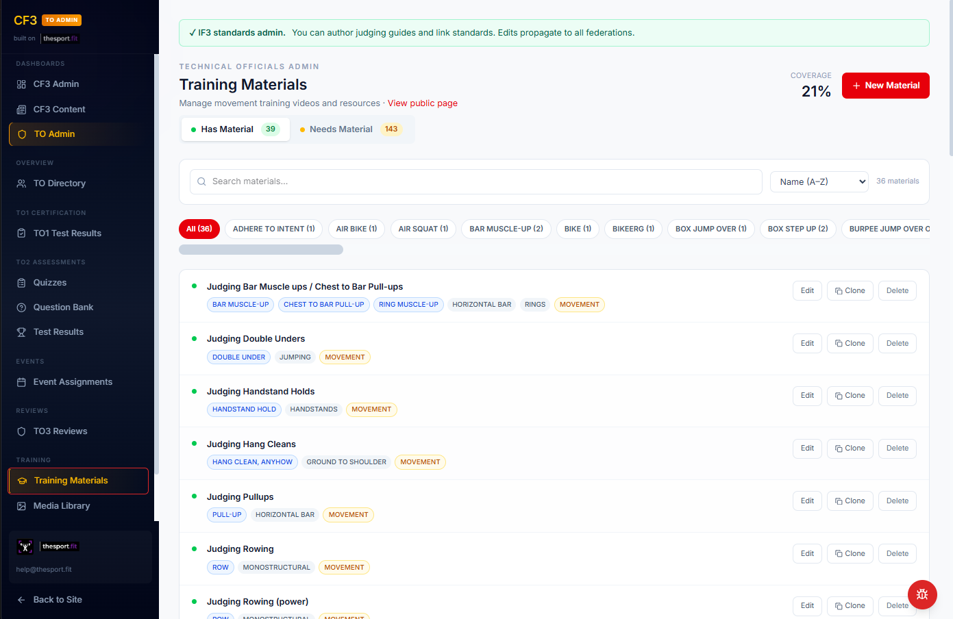 Training Materials admin — federation authors per-movement judging guides with version status.