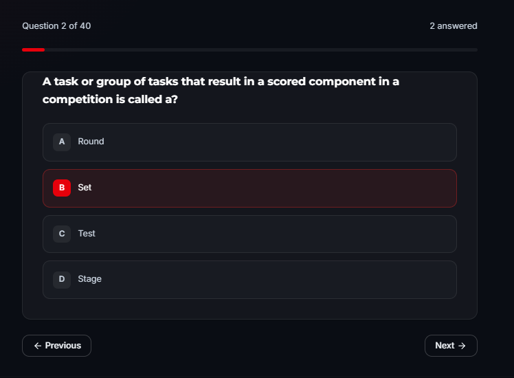 Live TO quiz on a federation site — multiple-choice question with answer B (Set) selected, 2 of 40 answered.