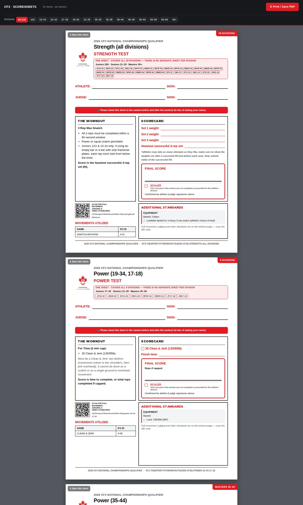 Print-ready scoresheets for every test and division on desktop