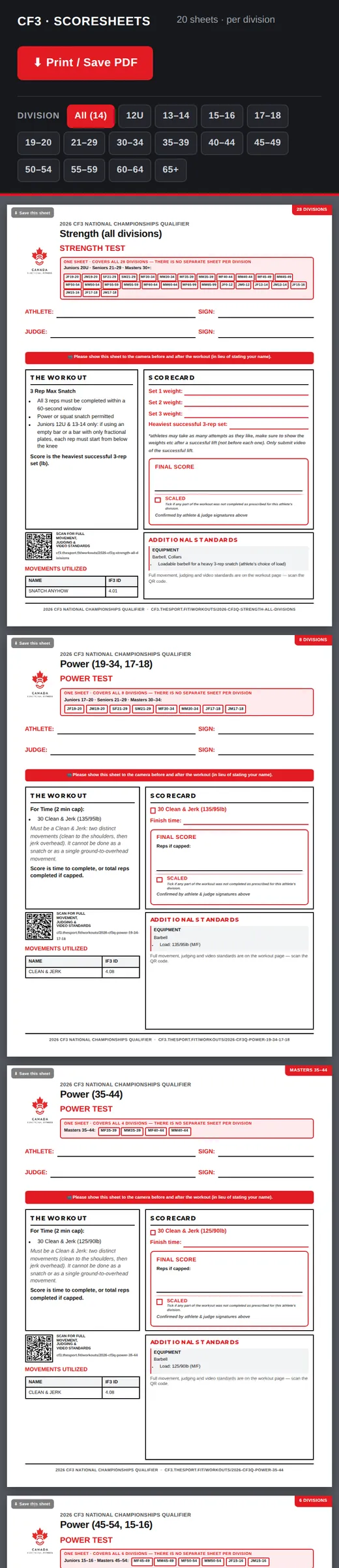 Print-ready scoresheets for every test and division on a phone